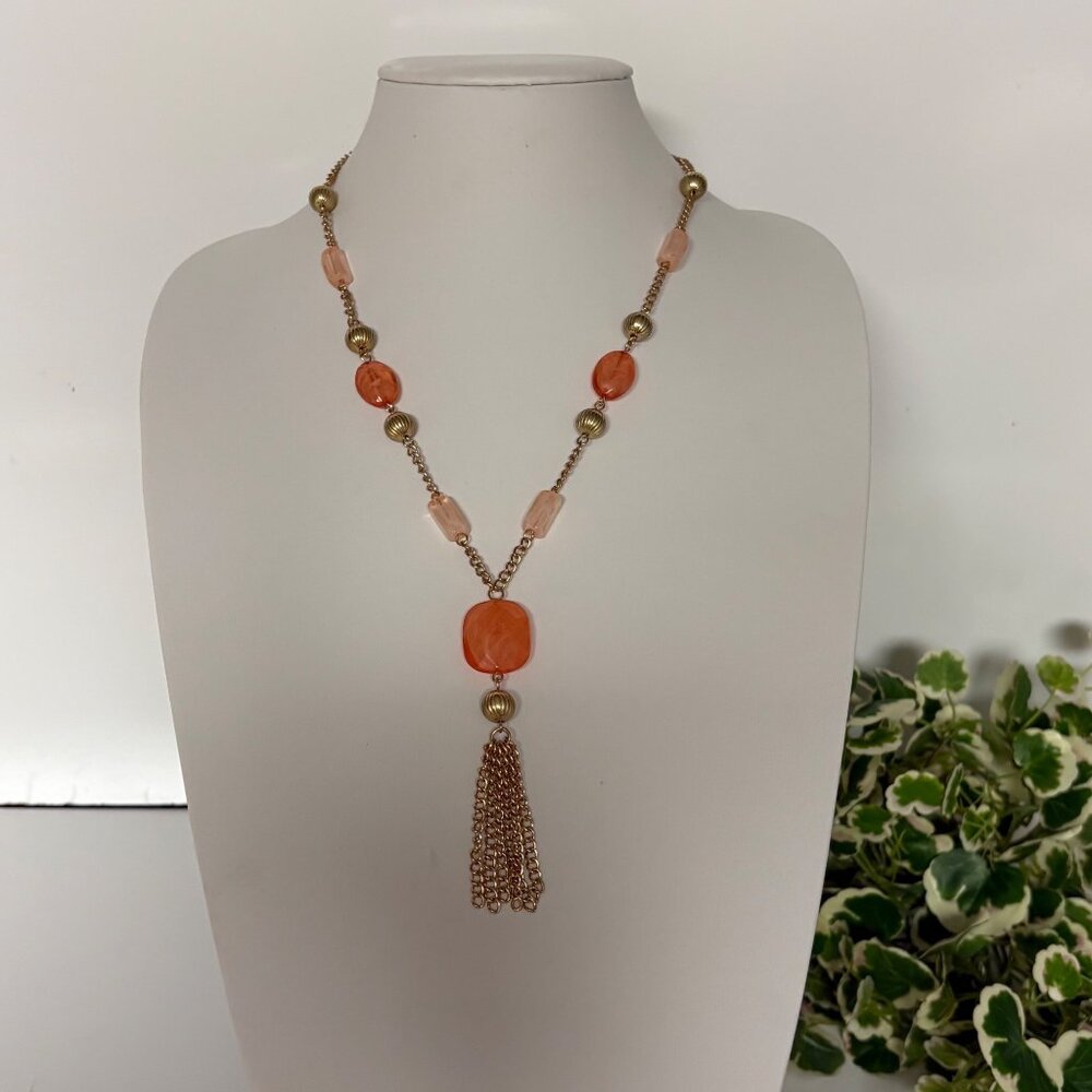 Gold Tone Chain Necklace Pink Orange Beads Faceted Centerpiece Tassel Pendant